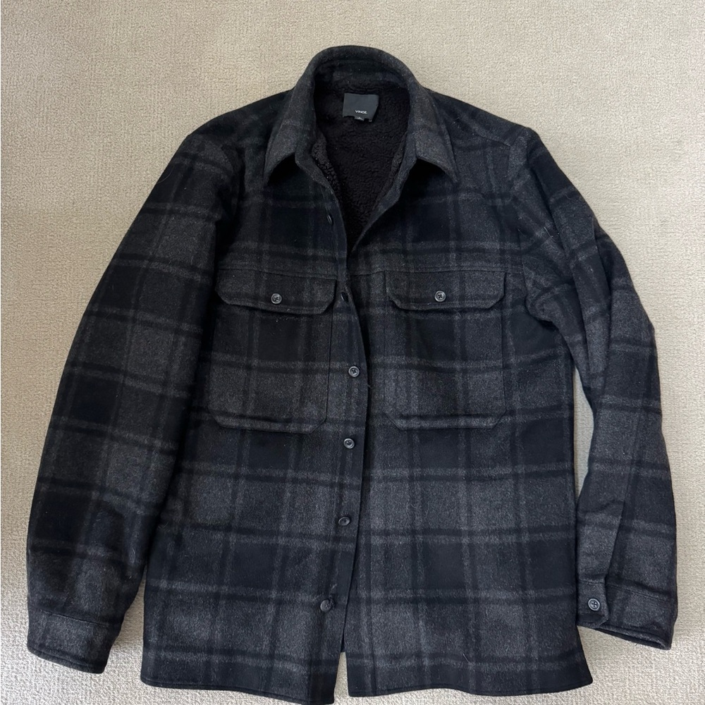 Vince Charcoal Sherpa lined Plaid Shirt Jacket